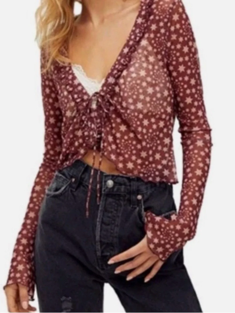 Free People Burgundy Star Print Sheer Tie-Front Chemise
